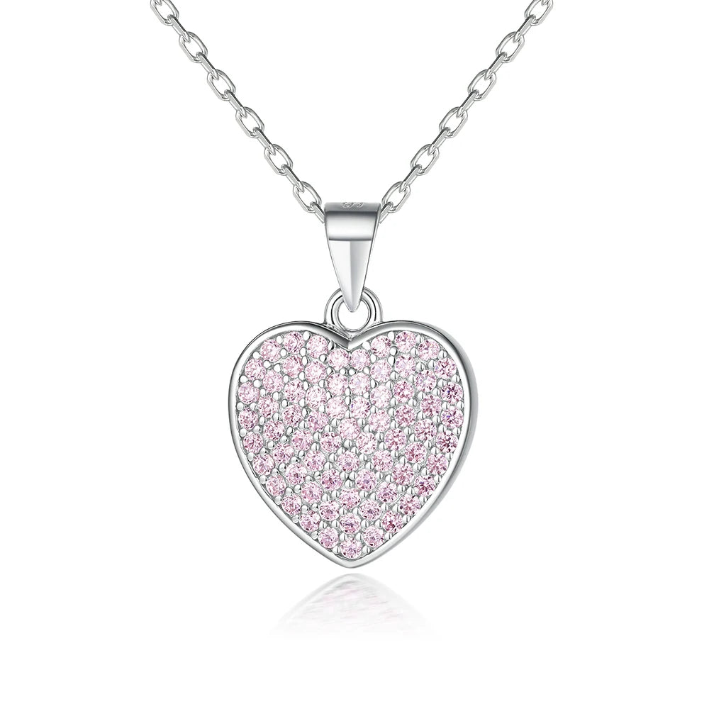 New Design Elegant Charm Pink Zircon 925 Sterling Silver Heart Shape Pendant Necklaces for Ladies Women Girls