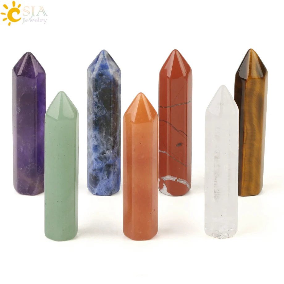 CSJA Wholesale Natural Healing Crystal 7 Chakra Hexagonal Column Gemstone Point Tower Stone Set for Home Decoration Gift G188