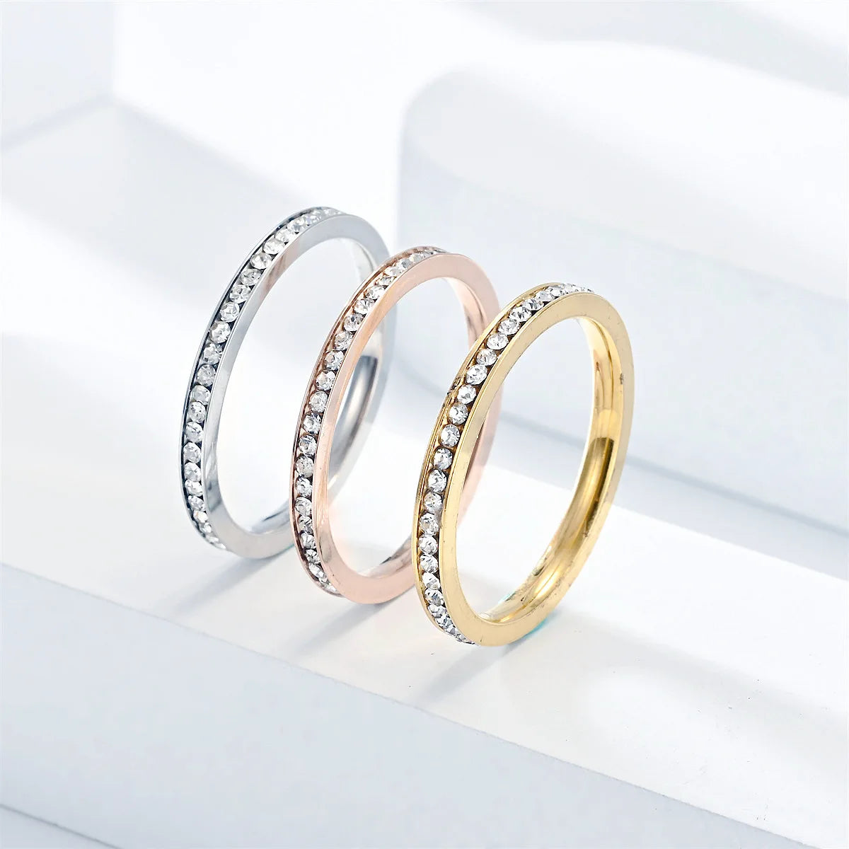 2mm Width Tarnish Free Stainless Steel Crystal Diamond Thin Ring for Women Daily Wearing