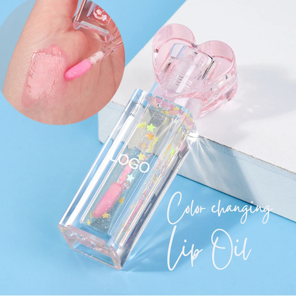 Color Changing Pink Cute Heart Shape Lip Oil Clear Glossy Private Label Vegan Lip Makeup Natural Lip Oil