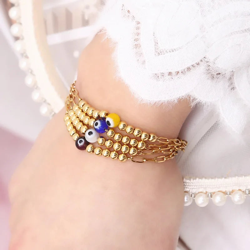 Free Sample 2022 New Trendy Hot Sale Wholesale 14K Gold Plated Stainless Steel Turkish Eye Imitation Pearl Bead Shape Bracelet
