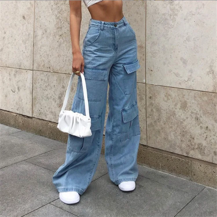 Women's Jeans Washed Big Pocket Loose Women's Jeans Trousers