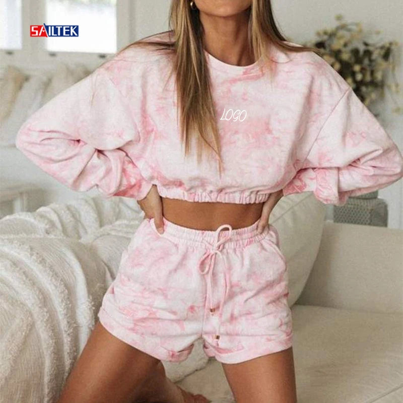 Custom logo Sweat Suit Street Wear Two Piece Cropped Sweatshirt and Shorts Sets Wholesale Tie Dye 2 Piece Hoodie and Shorts Set
