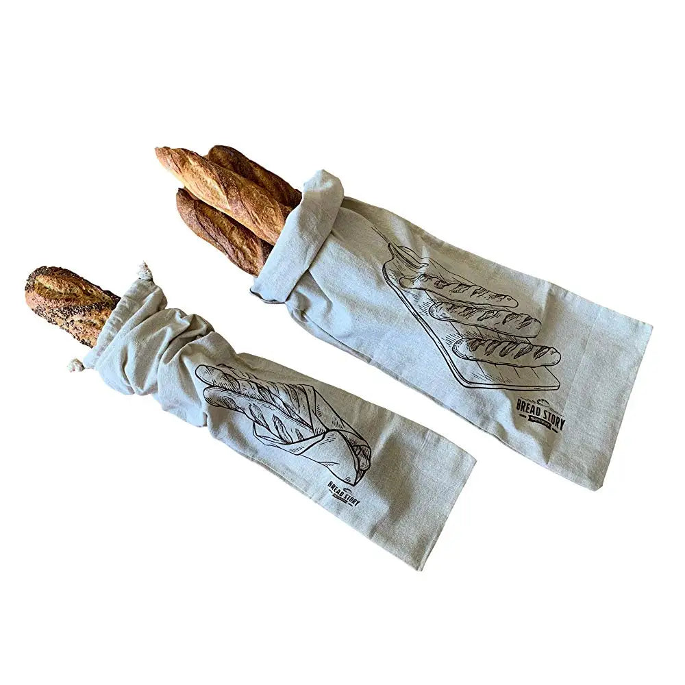 Linen Bread Bags for Artisan Homemade Bread - Reusable Food Storage - Baguette Sandwich and Boule Loaf Size Drawstring Bread
