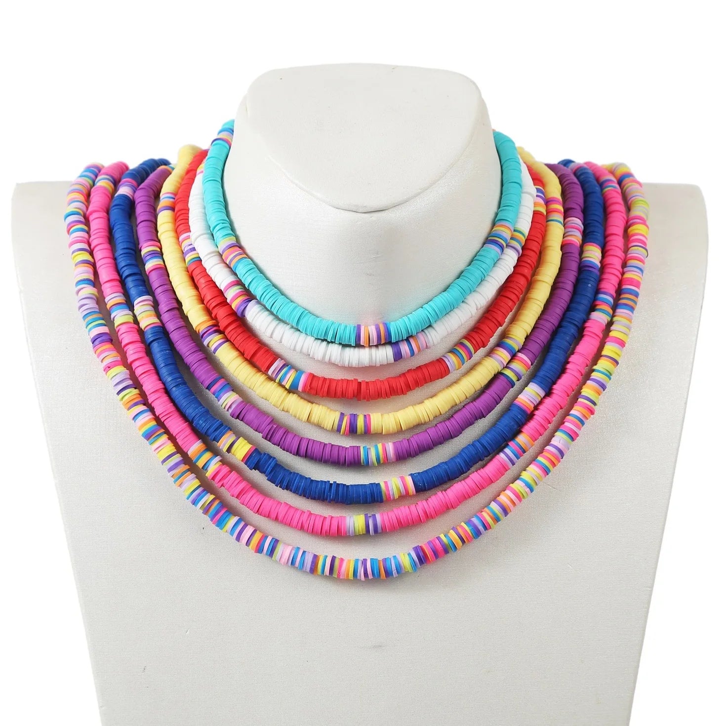 Bohemian Ethnic Multicolor 6mm Soft Pottery Bead Clavicle Necklace Elastic Adjustable Colorful Polymer Clay Bead Necklace