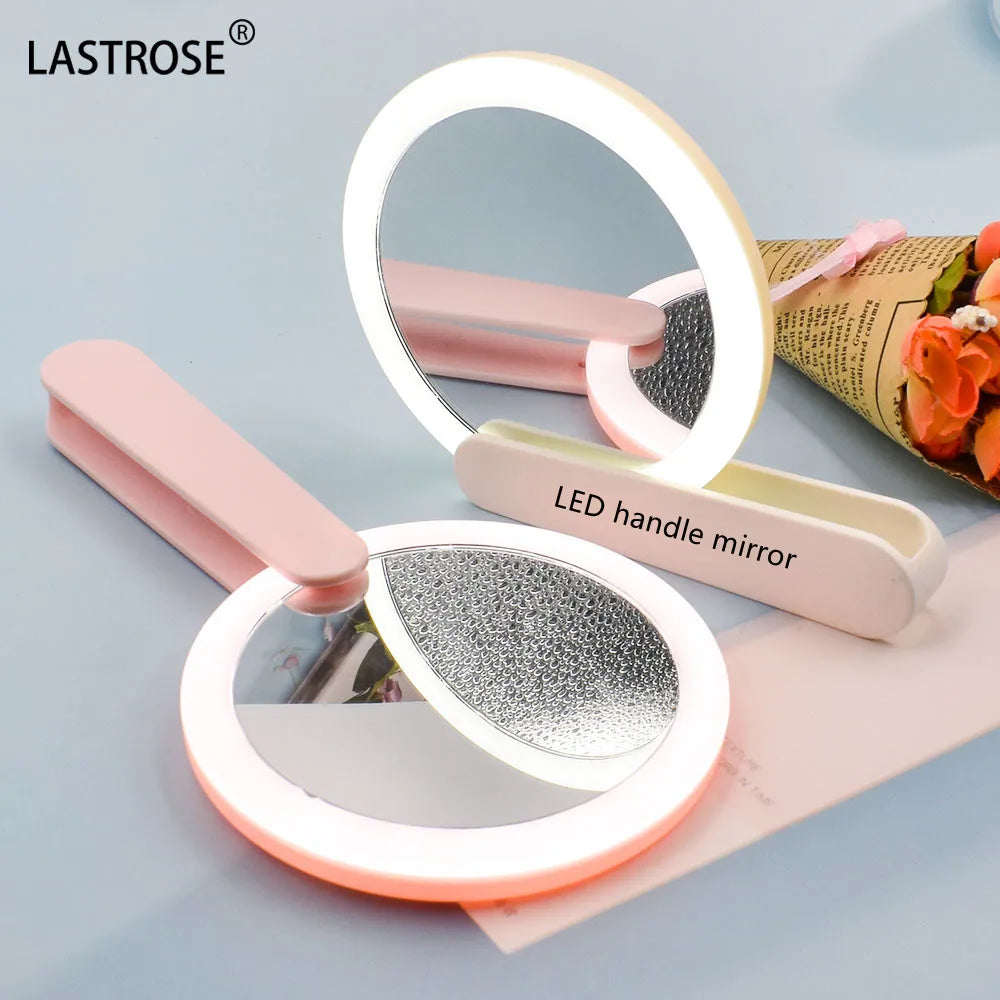 Led Light Makeup Mirror Private Label Small Mini Fold Handheld Mirror Wholesale LED Pocket Round Compact Mirror
