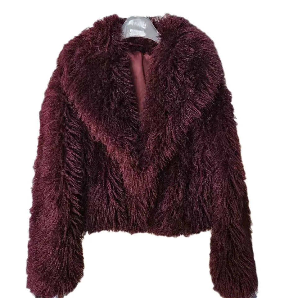Autumn Solid Color Long Sleeve Warm Zipper Lamb Fleece Furry Windbreak Tops Jacket Plaid Fur Women Coat