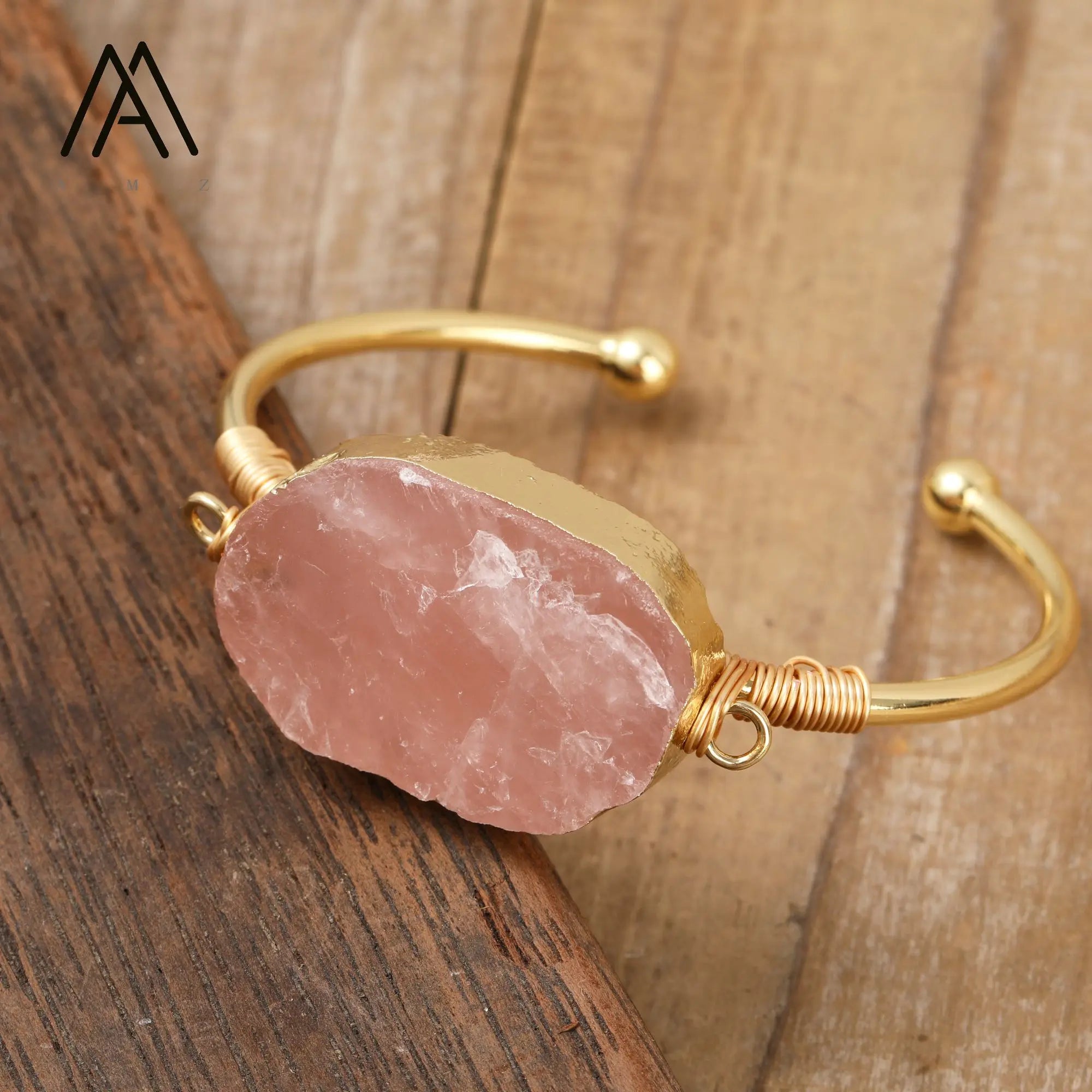 Open Cuff Bracelet Pink Natural Rose Quartz Fashionable Crystal Healing Bangles Wire Wrapped Charm Jewelry for Ladies Teen Girls