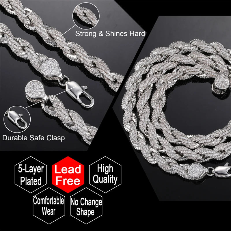 Fashion Trendy Hip Hop Chain Jewelry 8mm Mens Real Silver Gold Plated Twist Chain Iced Out Full of Diamond Rope Chain Necklace