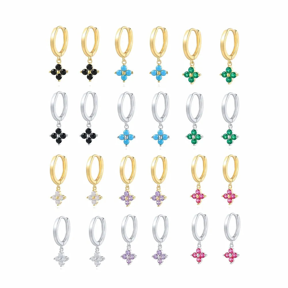 Wholesale Four Clover Flower Huggie Earrings Zircon Turquoise 925 Sterling Silver Hoop Earrings Gold Plated Silver Jewelry