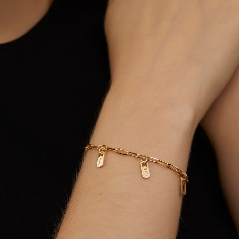 Personalized 14K Gold Plated Stainless Steel Paperclip Chain Multiple Name Bracelet Jewelry for Women