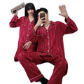 Men Red Stripe Ice Silk Woven Pajamas Unisex Long Sleeve Sleepwear for Couples