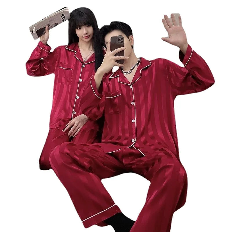 Men Red Stripe Ice Silk Woven Pajamas Unisex Long Sleeve Sleepwear for Couples