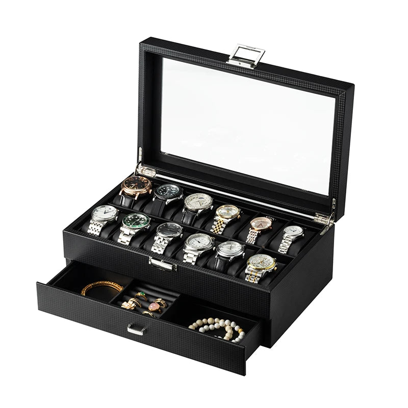 Large New PU Leather Watch Jewelry Rings Bracelets Storage Box With Drawer
