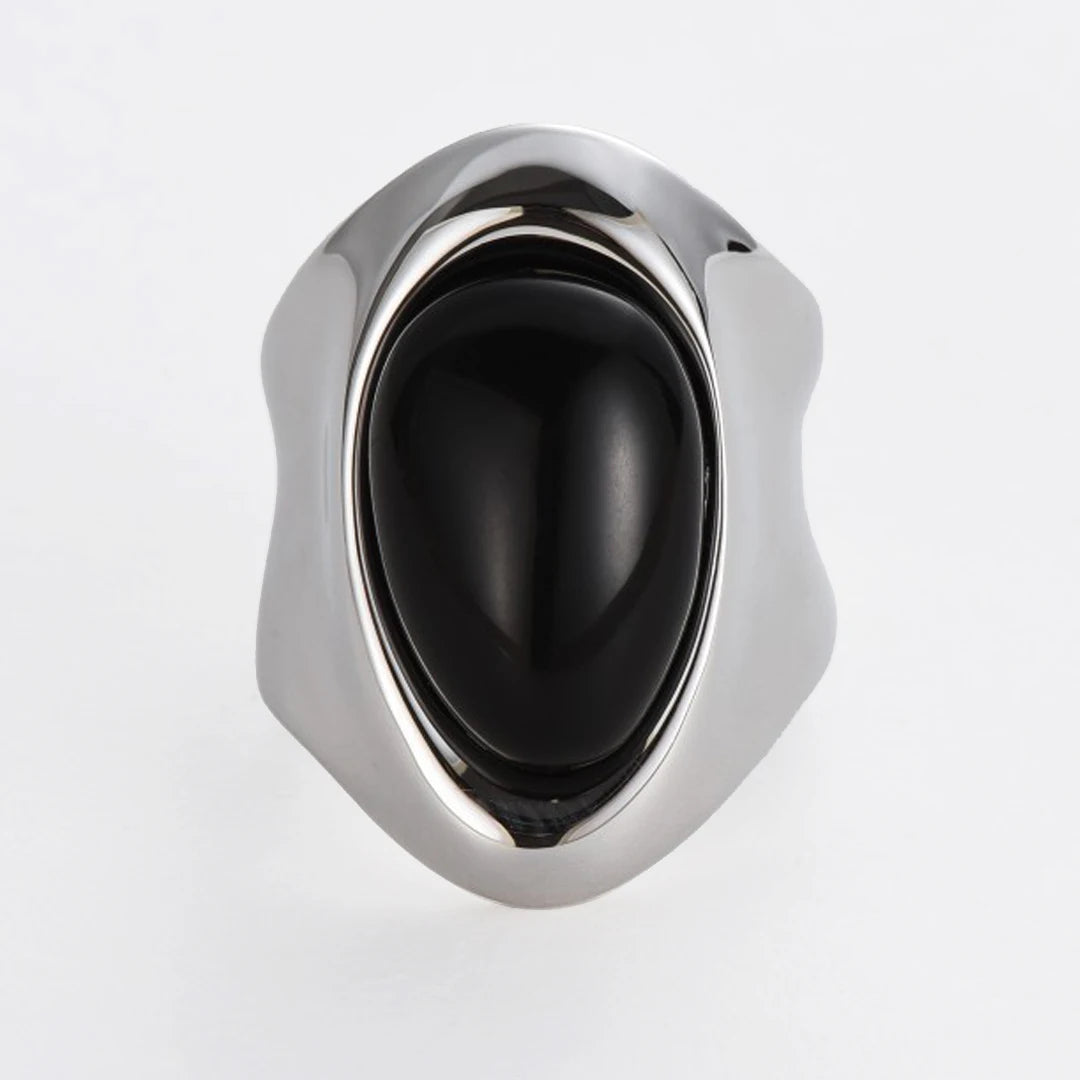 Fashion Personalized Wide Brass Electroplated Platinum Inlaid Black Onyx Rings for Women Jewelry Factory Wholesale