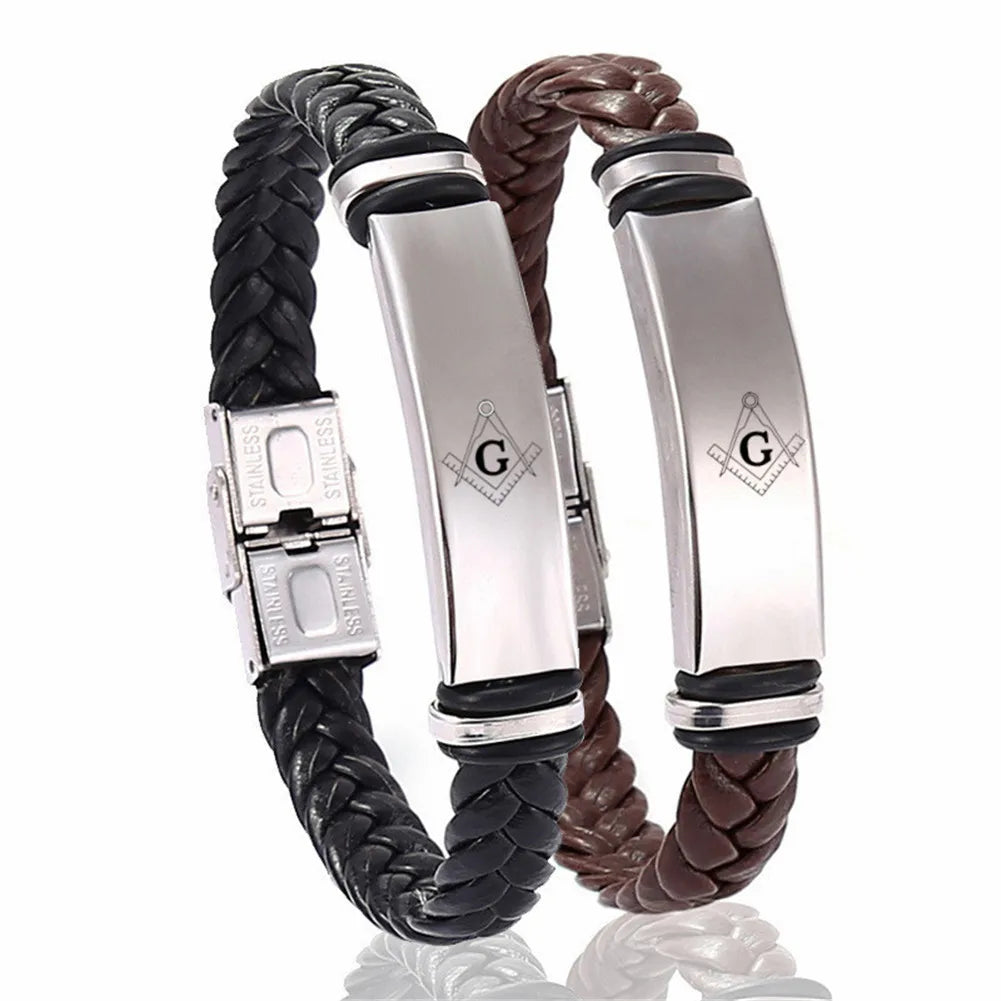 Customize logo MASONIC Bracelet Titanium Steel Leather Rope Masonic Weaving Bracelet for Men