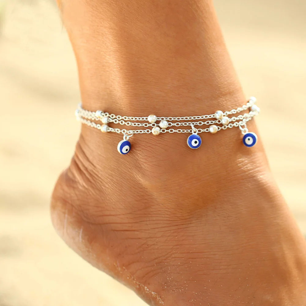 Triple Layer Zinc Alloy Satellite Chain Devil Eyes Anklets Silver Plated Interval Bead Ball Evil Eyes Pendant Anklet for Ladies