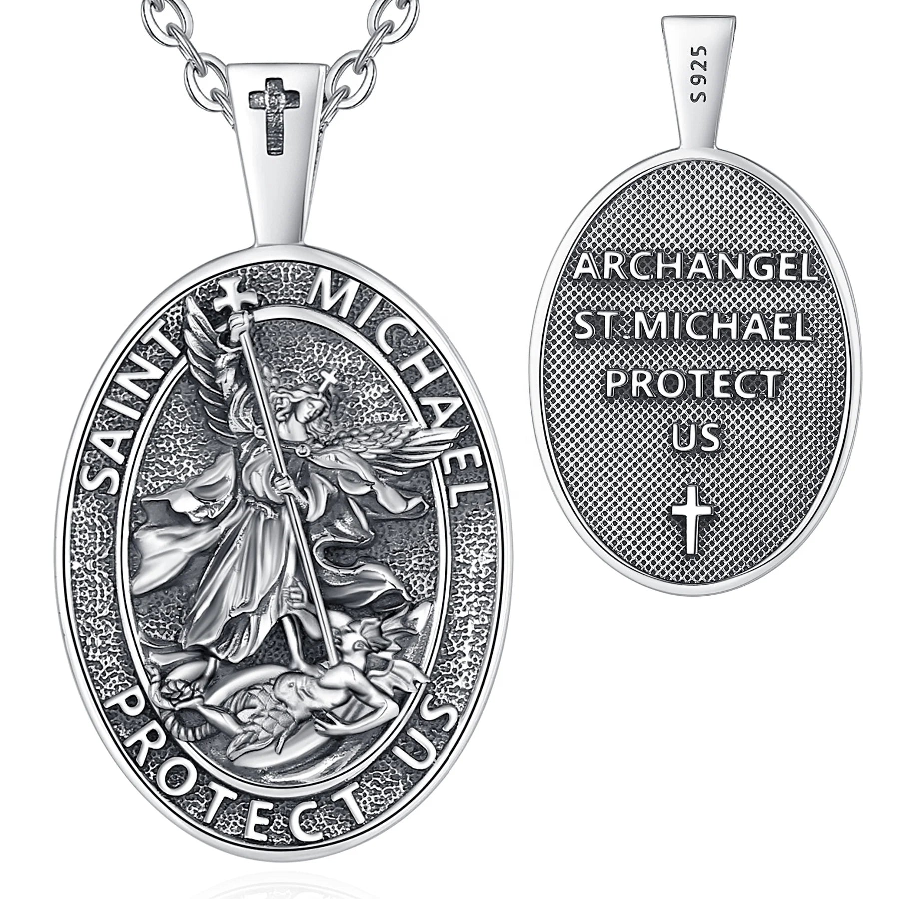 Fine Jewelry 925 Sterling Silver Saint Michael Archangel Pendant Necklace Vintage Oval Shaped Embossment for Engagement Wedding