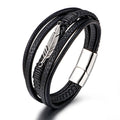 European And American Stainless Steel Feather Bracelet Men's Multi-layer Leather Braided Titanium Steel Magnetic Buckle