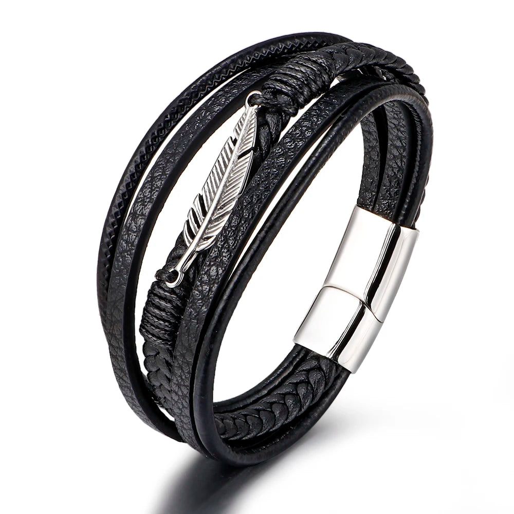 European And American Stainless Steel Feather Bracelet Men's Multi-layer Leather Braided Titanium Steel Magnetic Buckle