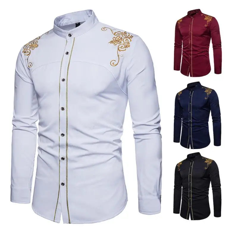 High Quality Fashion Men Court Embroider Long Sleeve Button Mandarin Collar Spring Gentleman Formal Blouse Tops Casual Shirt