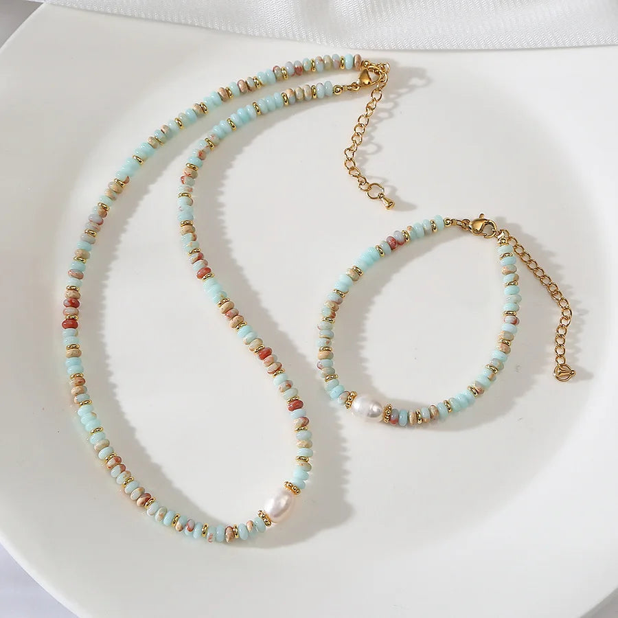 Delicate Agalmatolite Stone Necklace Gift Handmade Boho Choker Necklace Dainty Freshwater Pearl Necklace for Women Jewelry Party