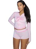 Summer New Arrivals Fashion Print Long Sleeve Zip up Hooded Crop Top Low Waist Shorts Women Casual Two Pieces Set