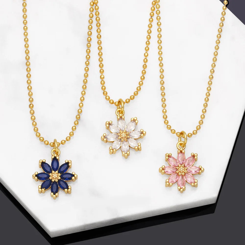 Fashion Women 18k Gold Plated Colorful Zircon Flower Pendant Necklace Cute Girl Necklace