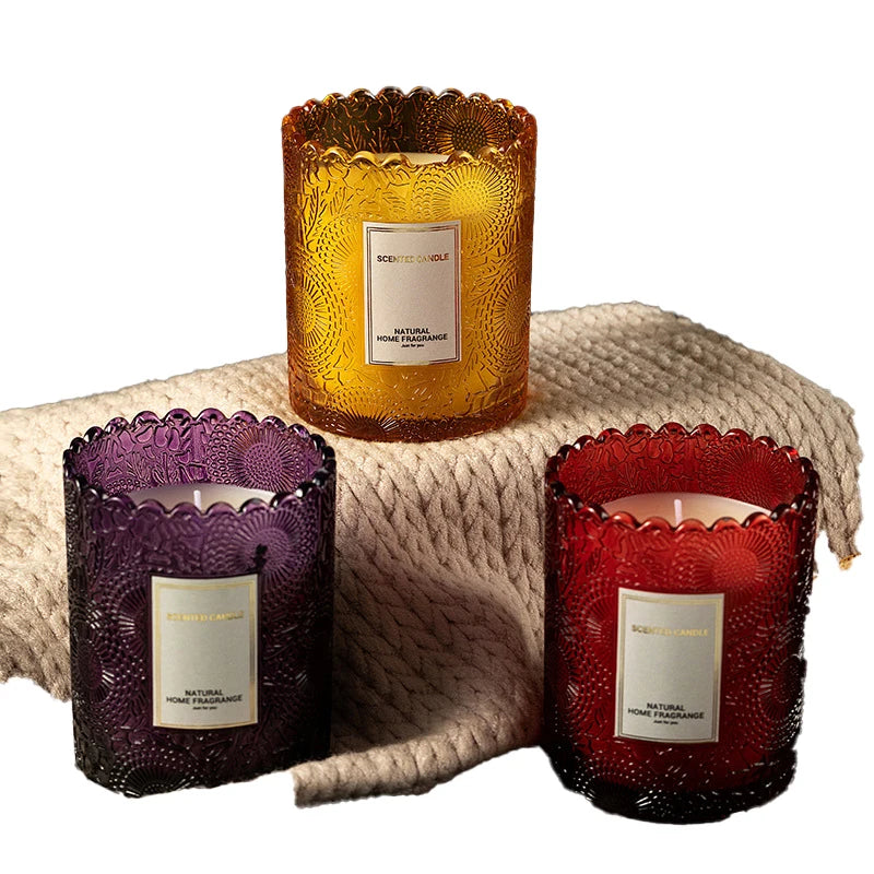 Romantic Round Candles Scented Luxury Delicate Embossed Glass Jar Senior Plant Scented Candles Gift Set