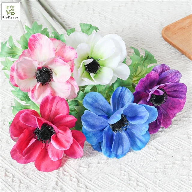 New Arrival Single Stem Artificial Blue Anemone Flower Silk Cloth Table Centerpiece Party Showroom