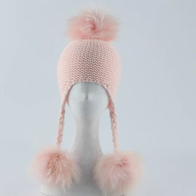 New Autumn Winter Hat for Kids Baby Ponytail Beanie 15 CM Real Fur Pompom Hat Wool Knitted Cap Children Boys Girls EarFlap Hat