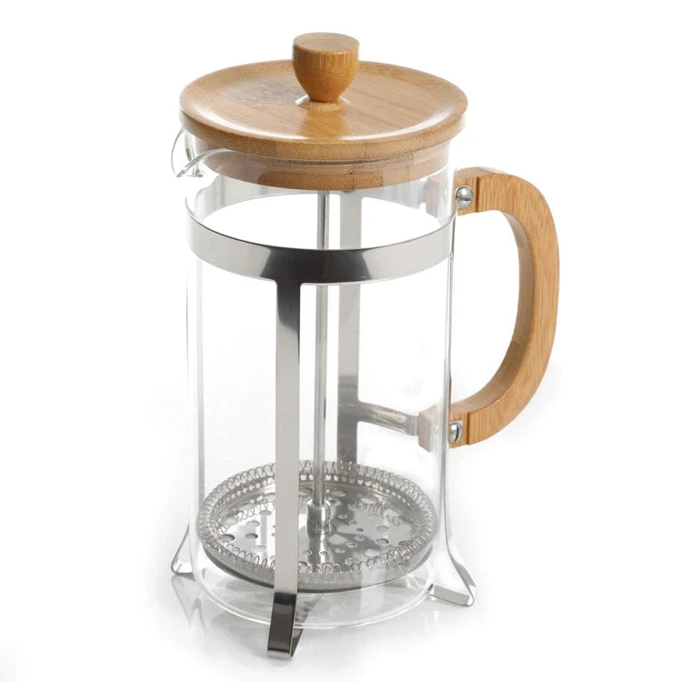 Insulated French Coffee Press Latte Tea Maker Bamboo French Press Stainless Steel 34OZ Kitchen Metal Minimalist Silver PS Round