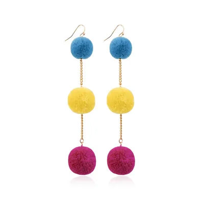Best Seller Fashion Colorful Alloy Fur Ball Long Drop Earrings 12.5cm Trendy for Women Anniversary Jewelry Wholesale