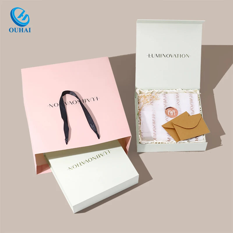 Matching Pink Matte Paper Gift Shopping Bags & Magnetic Flip Rigid Gift Boxes with Tissue Paper Envelope for Skincare Packaging