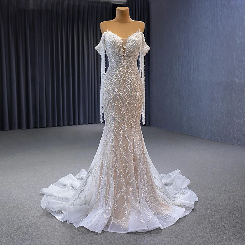 Jancember Rsm222173 Lvory Crystals Off the Shoulder Full Sleeves Beading Wedding Dress Mermaids