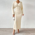 OEM ODM European American V Neck Long Sleeved Evening Solid Color White Engagement Evening Dresses Elegant