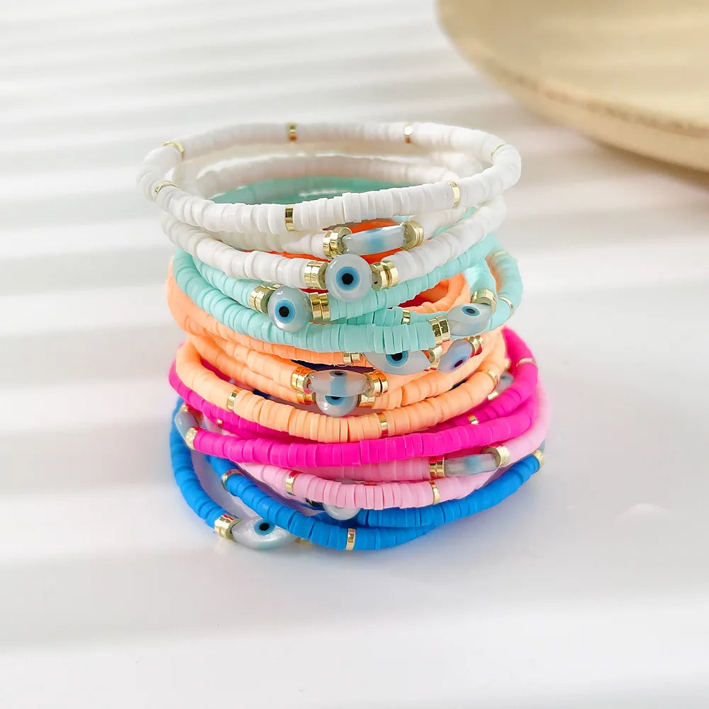 DS Women Cute Colorful Clay Bead Bracelet Elastic Natural Shell Evil Eye Beaded Bracelets