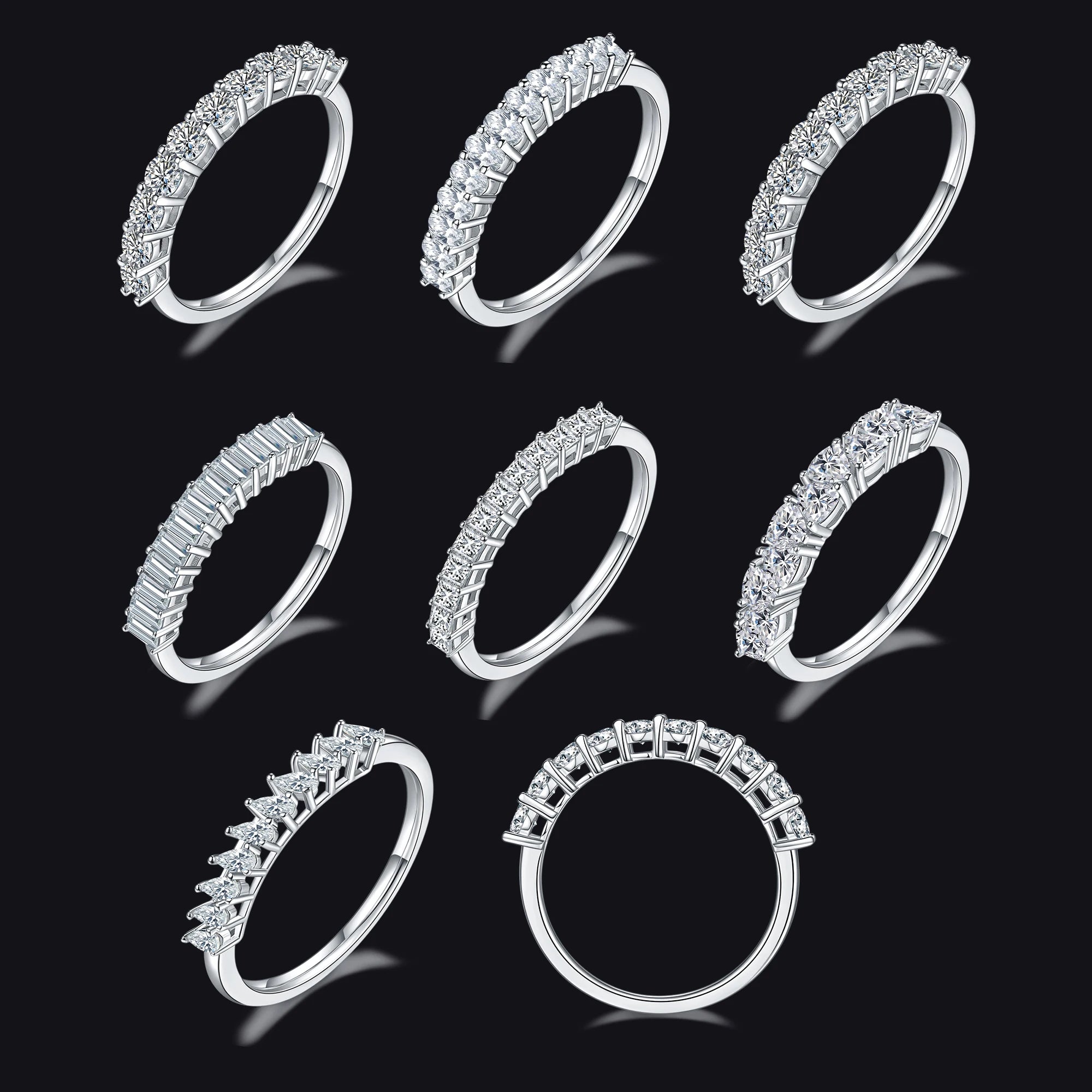 Abiding Dainty Half Eternity Stacked Ring 925 Sterling Silver Round Oval Heart Princess Emerald Trillion Cut Moissanite Ring