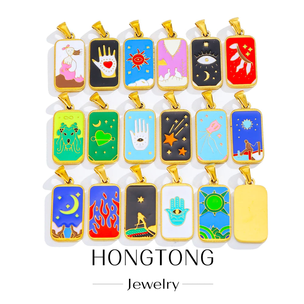 Hongtong New Arrival  Stainless Steel Rectangle Hot Sale Vintage Enamel Tarot Pendant DIY Jewelry Accessories Wholesale Pendants