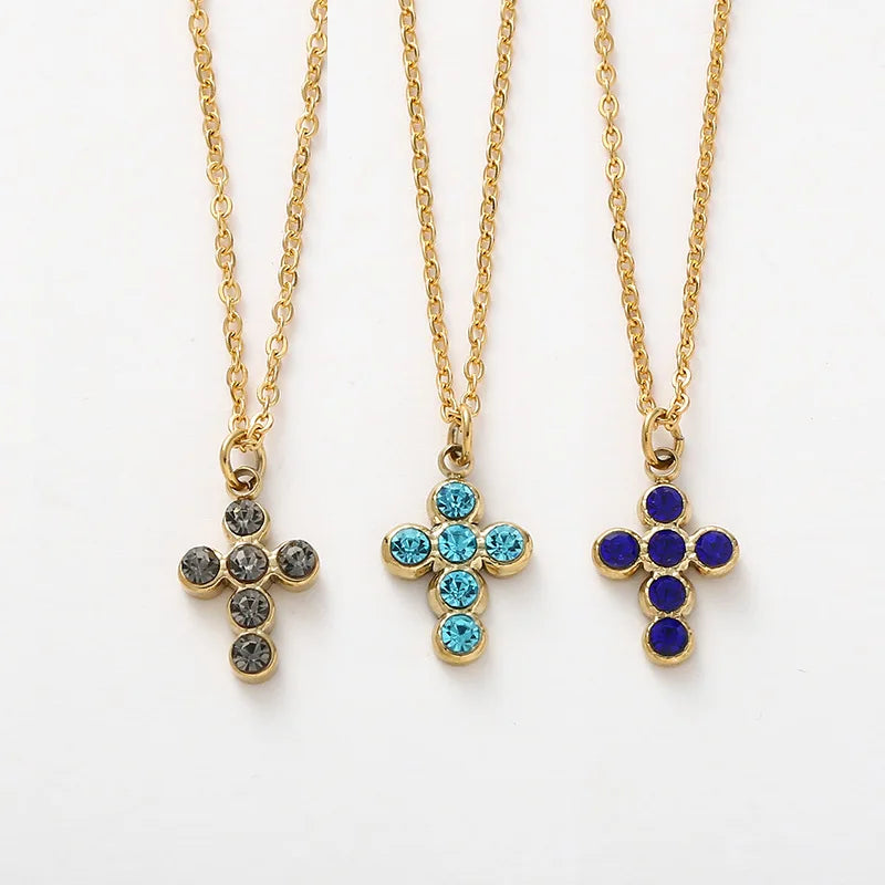 Tarnish Free Gold Plating Colorful Zircon Cross Necklace Stainless Steel Blue Crystal Cross Pendant Necklace