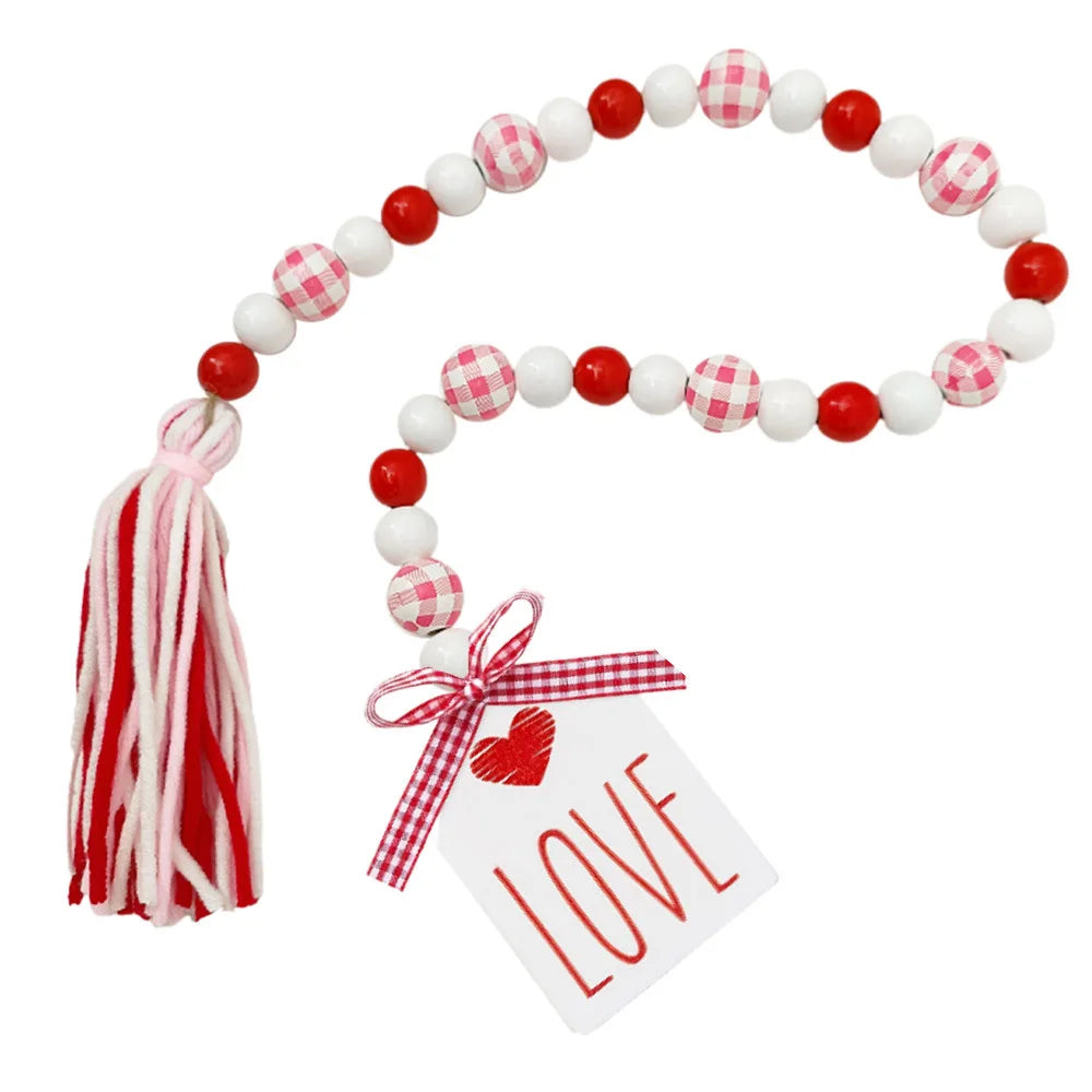 Valentine's Day Wooden Bead Garland with Hemp Rope and Felt Tassel Pendant Christmas Garlands & Wreaths Gift