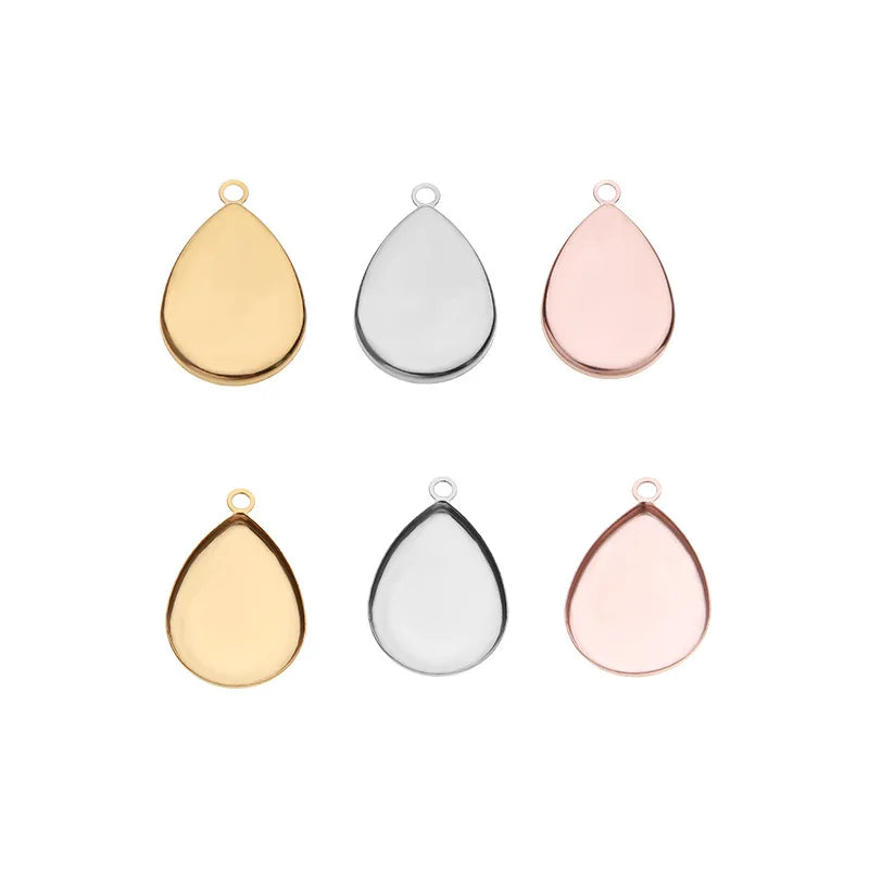 Silver Gold Rose Polymer Clay Jewelry Tray Stainless Steel Blank Cabochon Tray Water Drop Jewelry Making Pendant Base for DIY