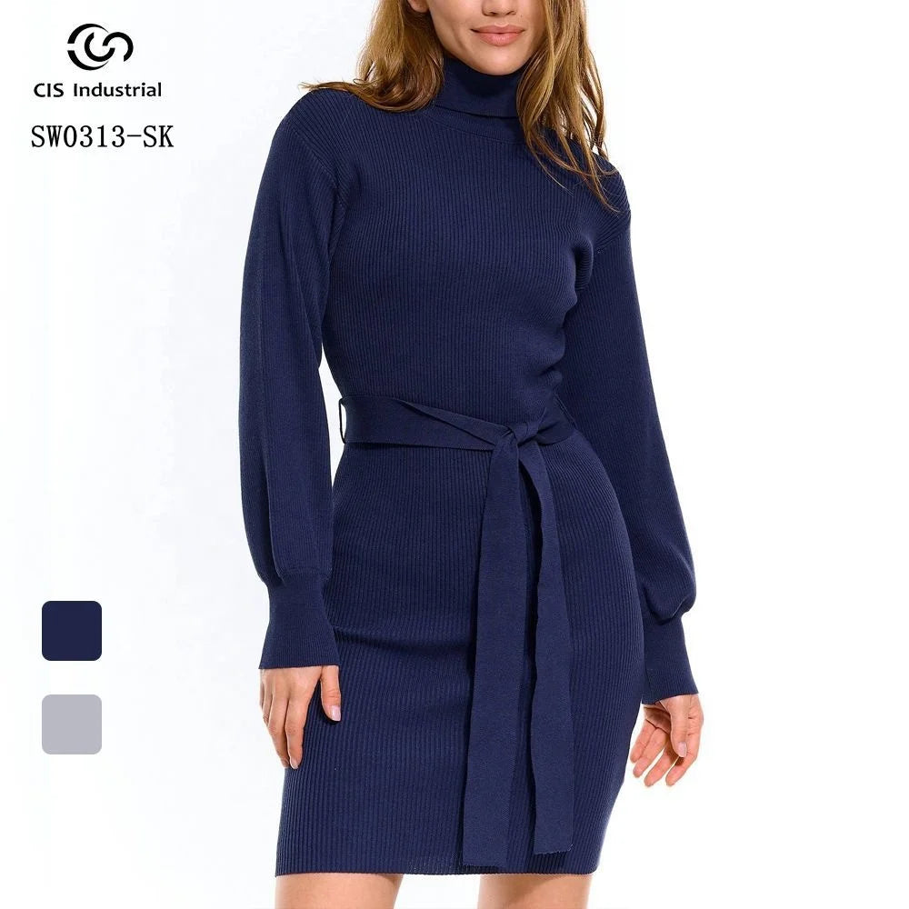 Wholesale Custom logo Women's Casual Solid Color Knit High Neck Lantern Sleeve Sweater Dress Custom Knitwear Bodycon Dress
