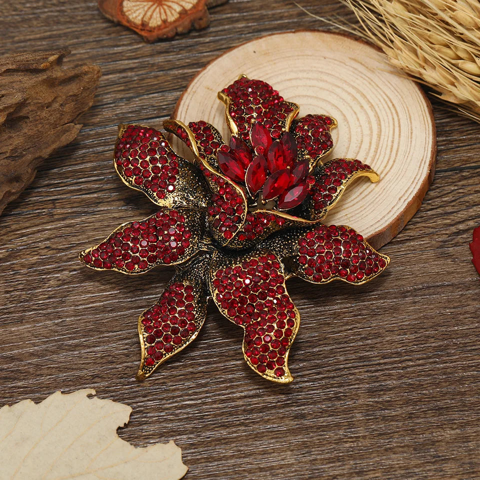 Vintage Gemstone Crystal Floral Brooch Pin Women Colorful Rhinestone Big Flower Brooch for Party