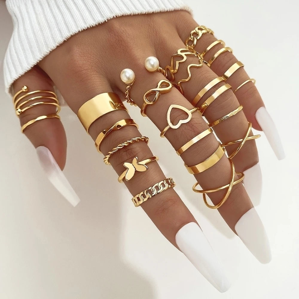 22pc/set Hollow Love Butterfly Female Ancient Silver Ring Set Pearl Gold Tai Chi Snake Drip Oil Ring Jewelry
