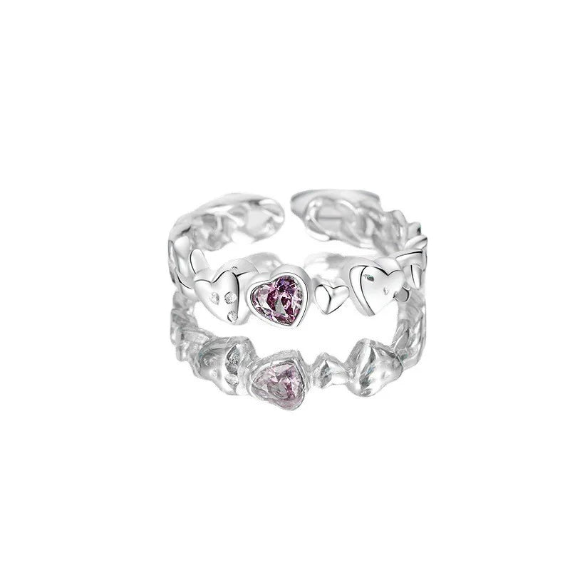 New Arrival 925 Sterling Silver Open Band Wedding Jewelry Purple Zircon Stone Heart Rings Bezel Setting for Parties Weddings