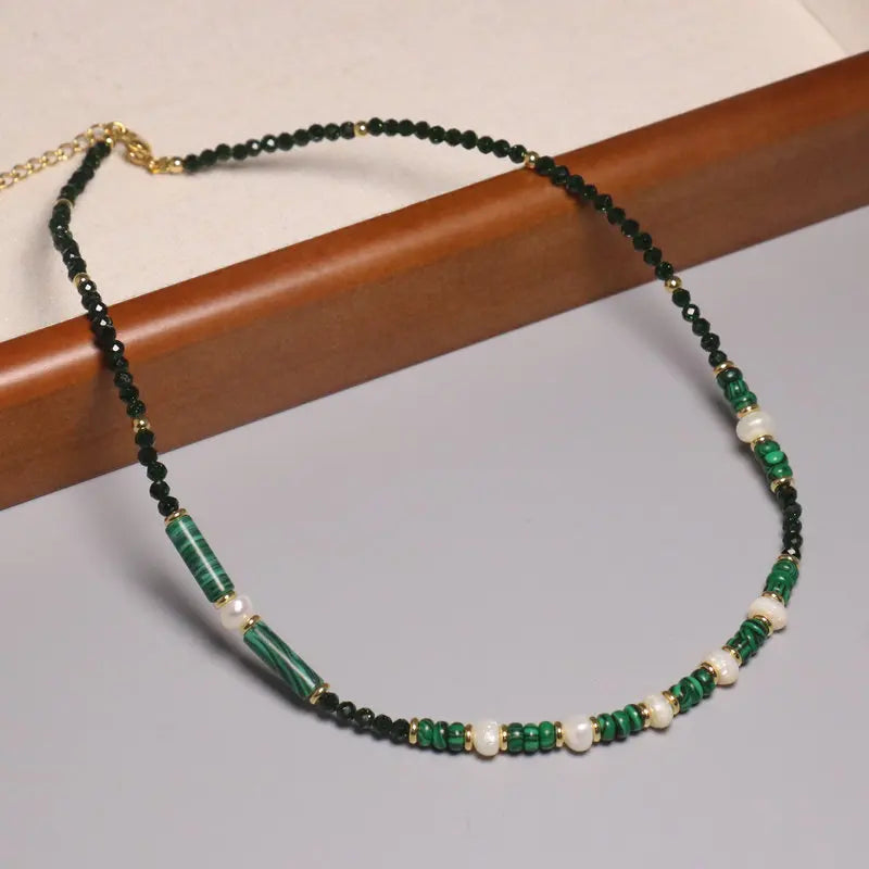 Healing Natural Stone Choker Dainty Freshwater Pearl Malachite Beaded Necklace Vintage Brass Chain Jewelry for Women Men Gift