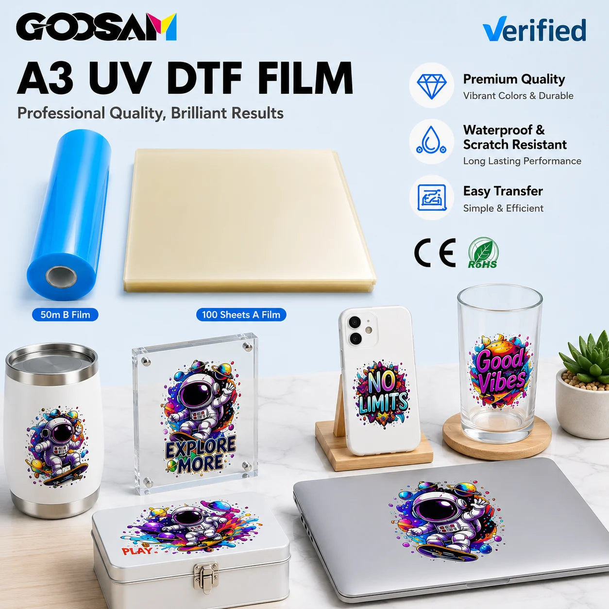 GOOSAM Waterproof DTF Uv Adhesive AB Film 30 cm Uv Transfer Sheets DTF Sticker for Cup Mug Tumbler Pen Glass Cup