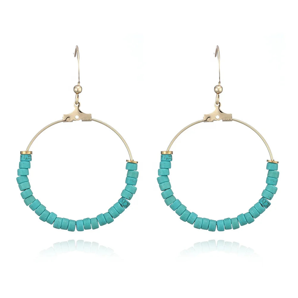 Classic Gold Plated Turquoise Beaded Hoop Earrings Fashionable Brass Jewelry Accessory for Wedding Party Engagement Anniversary