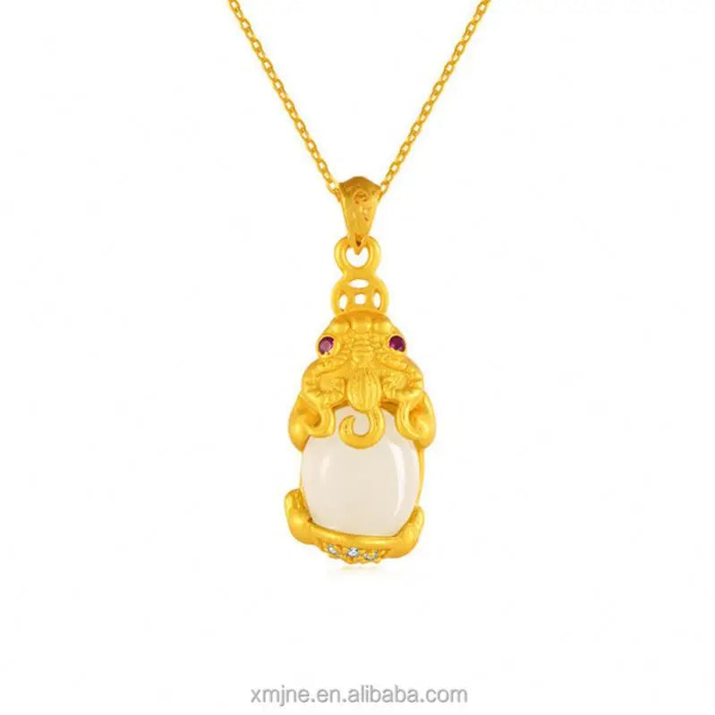 Certified Ancient Silver Gold-Plated Jade Hetian Jade Necklace Female S925 Pixiu Pendant Hetian Jade Piqiu Temple Gift